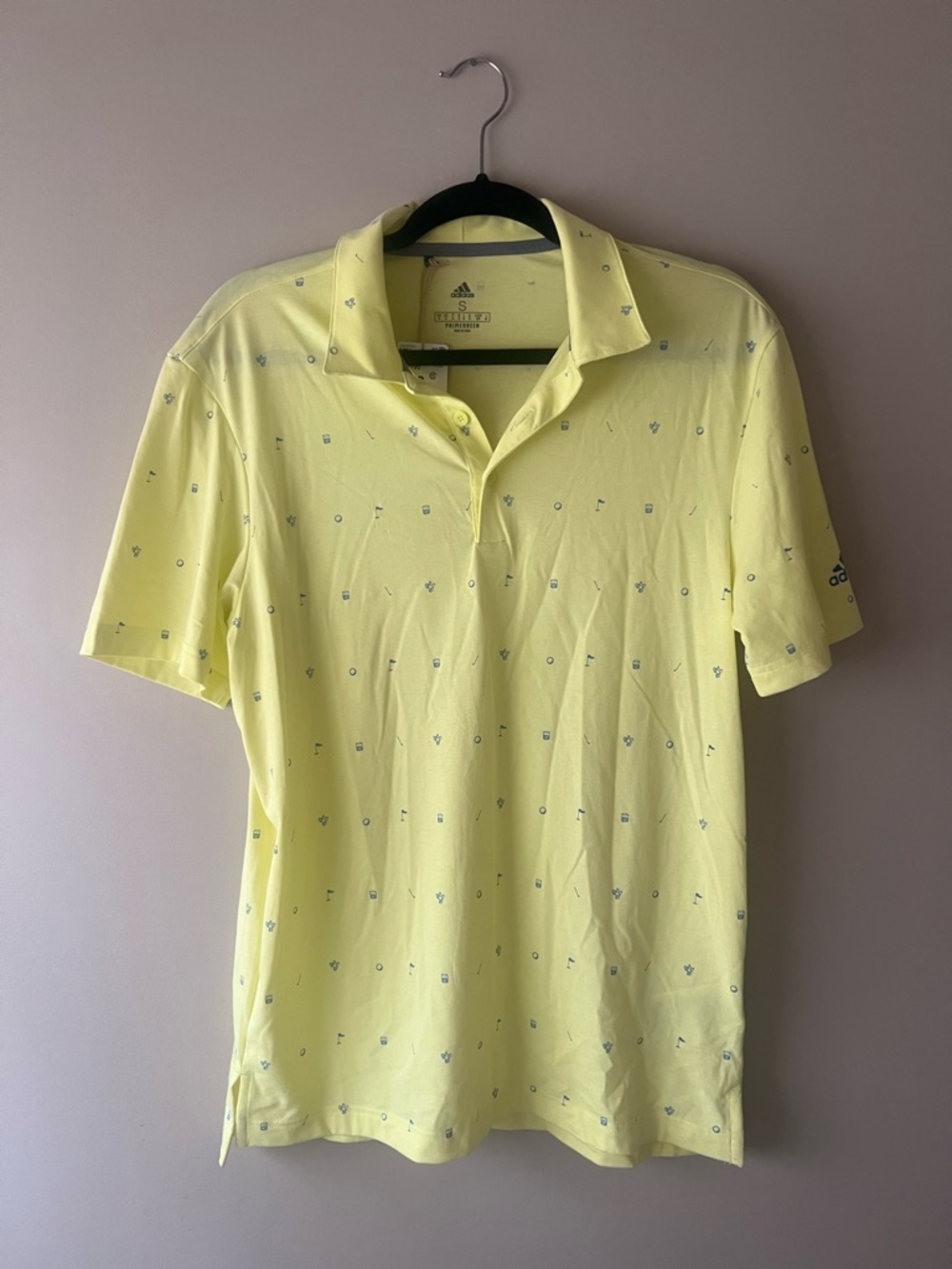 adidas Men's Light Yellow Polo with Micro Print Allover Golf Print Small NWT